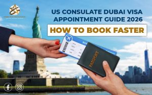 US Consulate Dubai visa appointment guide 2026 showing passport and boarding pass with Statue of Liberty background, explaining how to book a US visa appointment faster from Dubai.