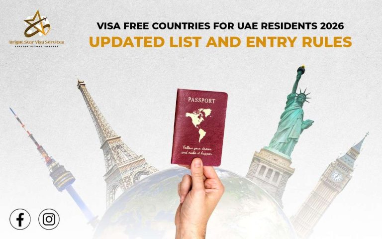 Visa-free countries for UAE residents 2026, featuring major landmarks like the Eiffel Tower, Statue of Liberty, and Big Ben. Passport in hand with the message 'Follow your dream and make it happen' from Bright Star Visa Services.