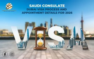 Saudi Consulate Dubai visa process and appointment details for 2026 with Dubai skyline background and visa concept illustration