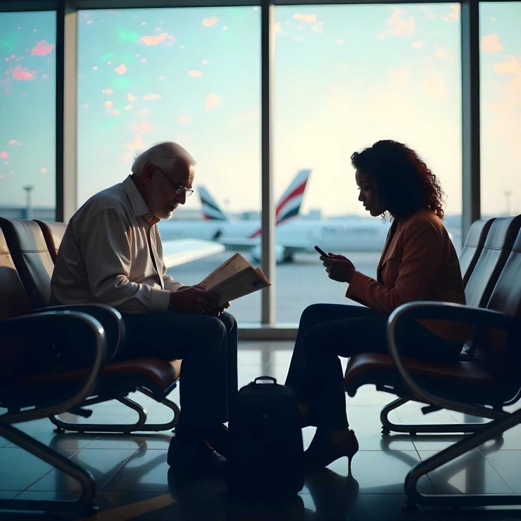 Passengers waiting at airport for flight disruption