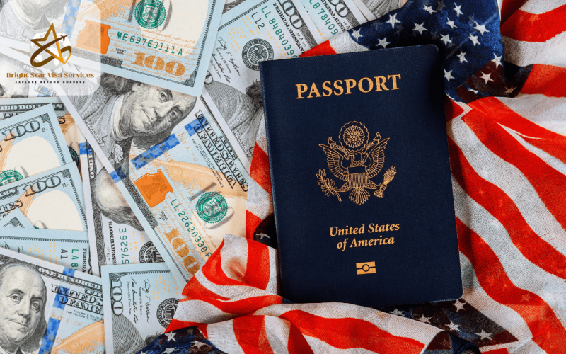 Bright Star Visa Services logo with U.S. passport, American flag, and U.S. dollar bills