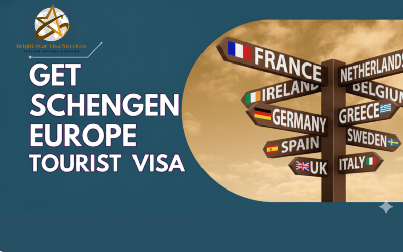 Get Schengen Europe tourist visa banner with Bright Star Visa Services logo and European destination signpost